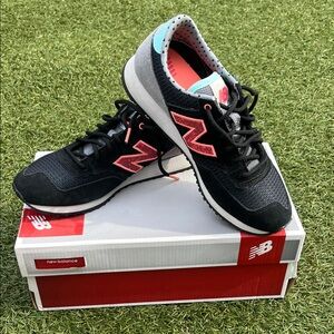 New Balance Black Sneakers with Coral Pink 'N' Accents and Teal Heel